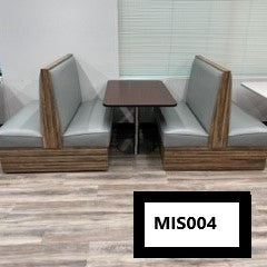Double sided grey vinyl breakroom booth with walnut laminate base