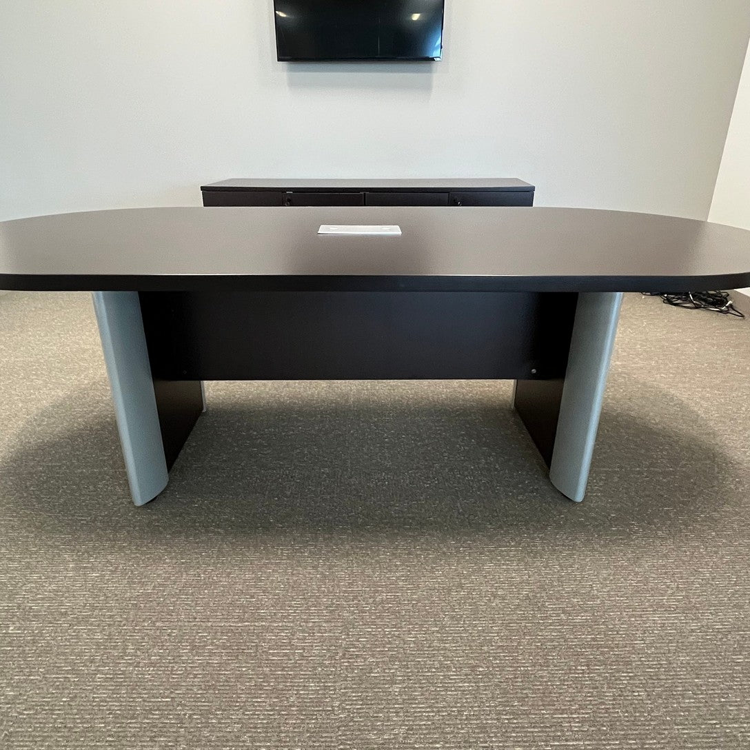 Espresso laminate racetrac conference table 8' x 44" eliptical base with 1 grommet