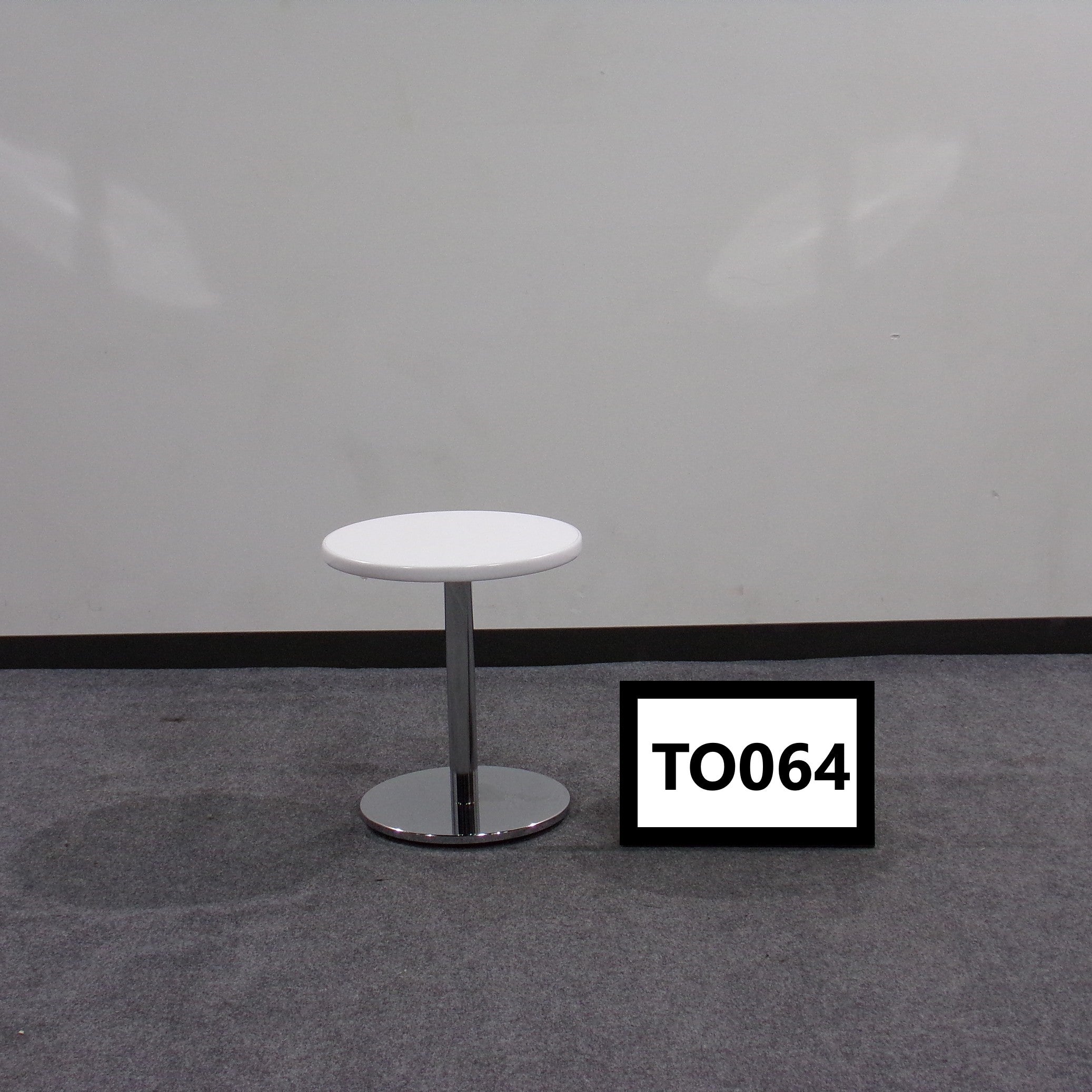 Occasional table - round, white laminate top chrome base 18"d x 21"h