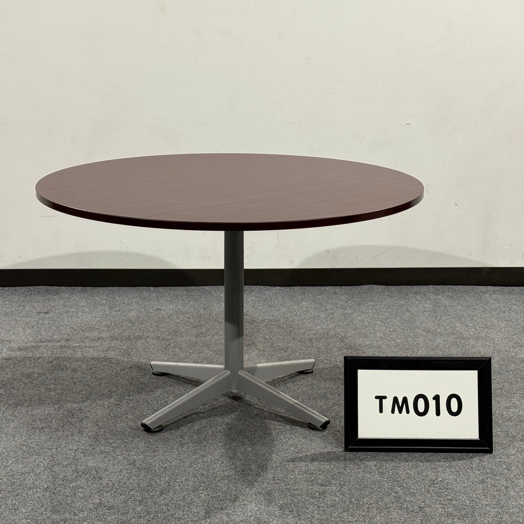 Meeting table, 48" mahogany laminate with  silver legs
