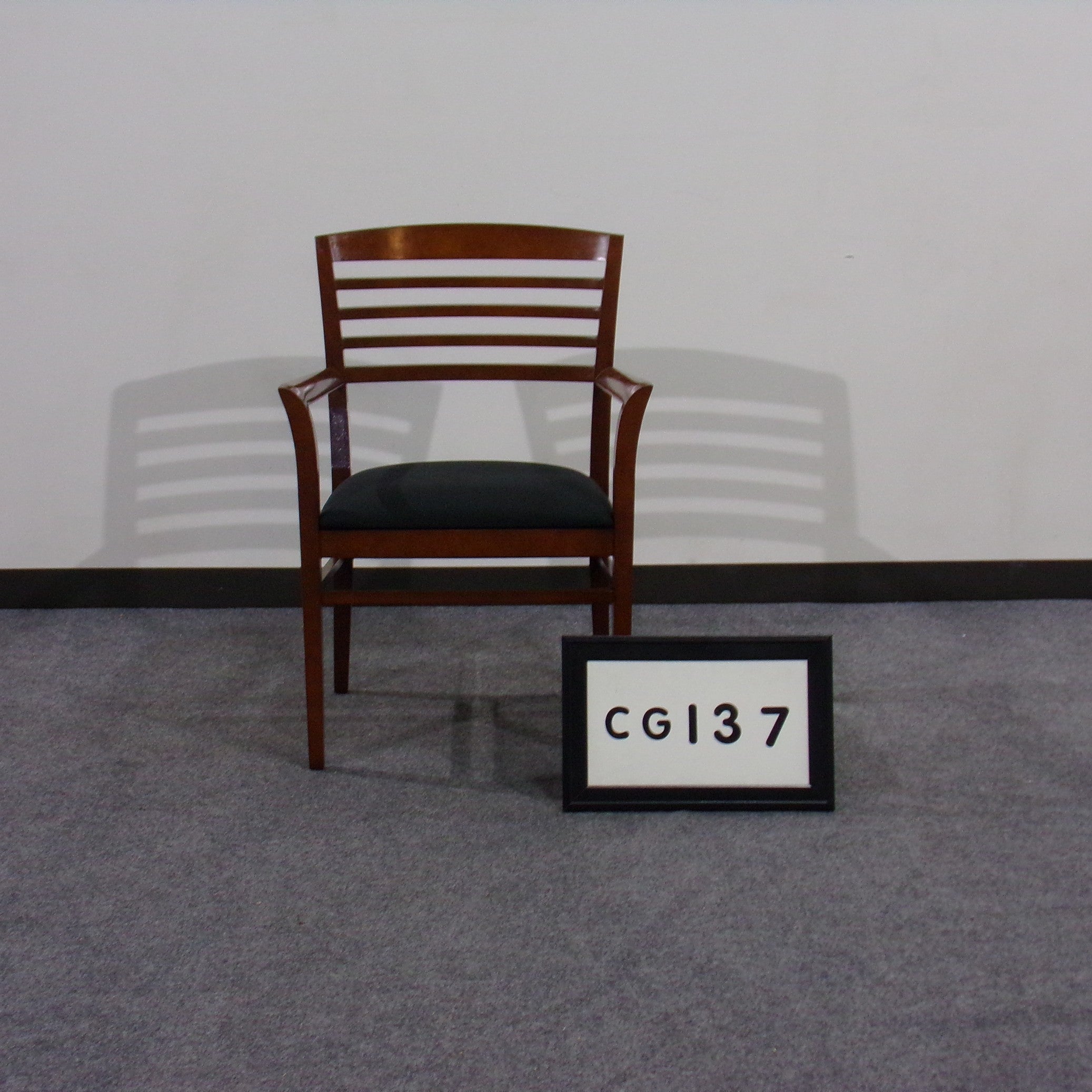 Guest chair Modern walnut wood frame with horizontal slat back Recovered black fabric seat