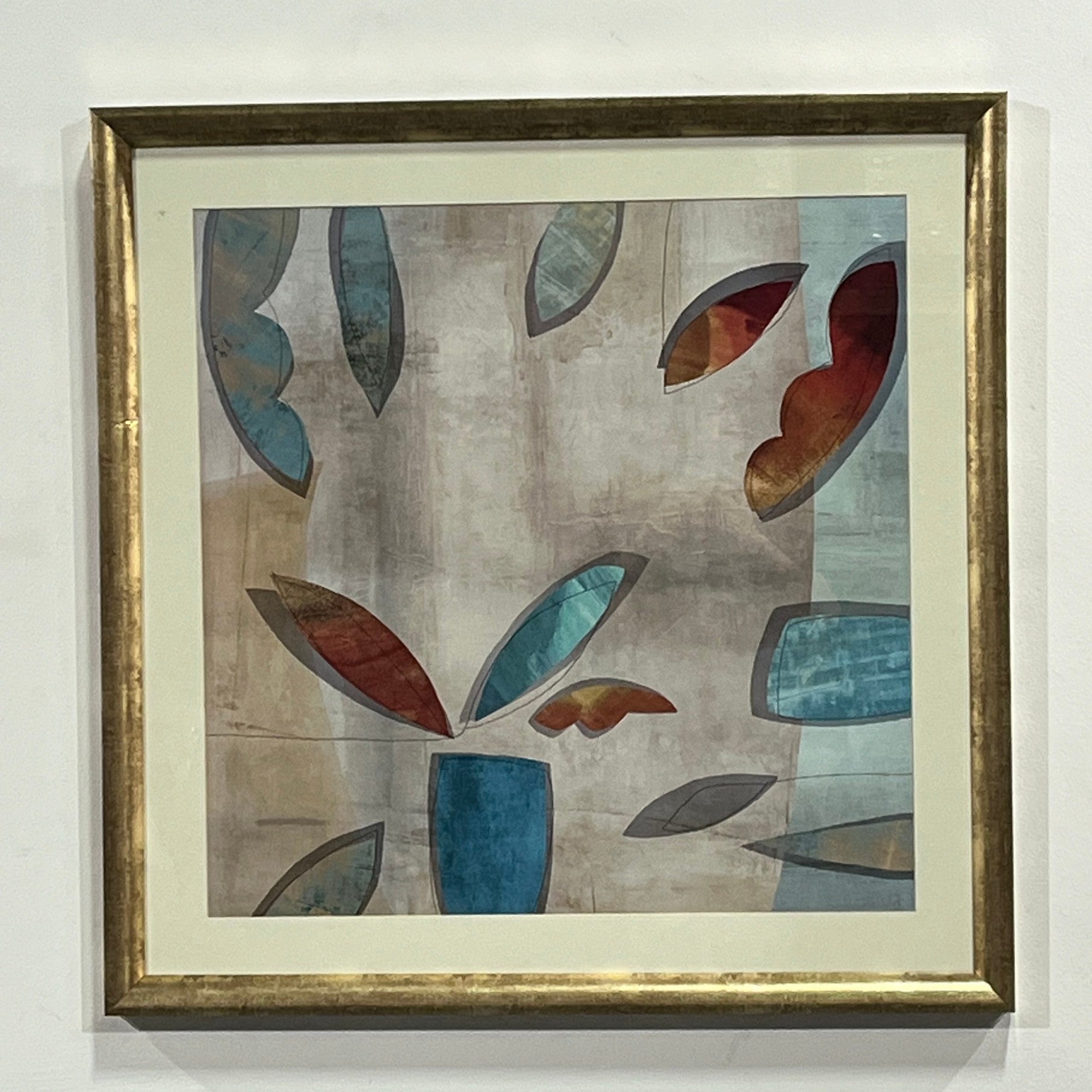 35" x 35" abstact art with blue tones and gold frame