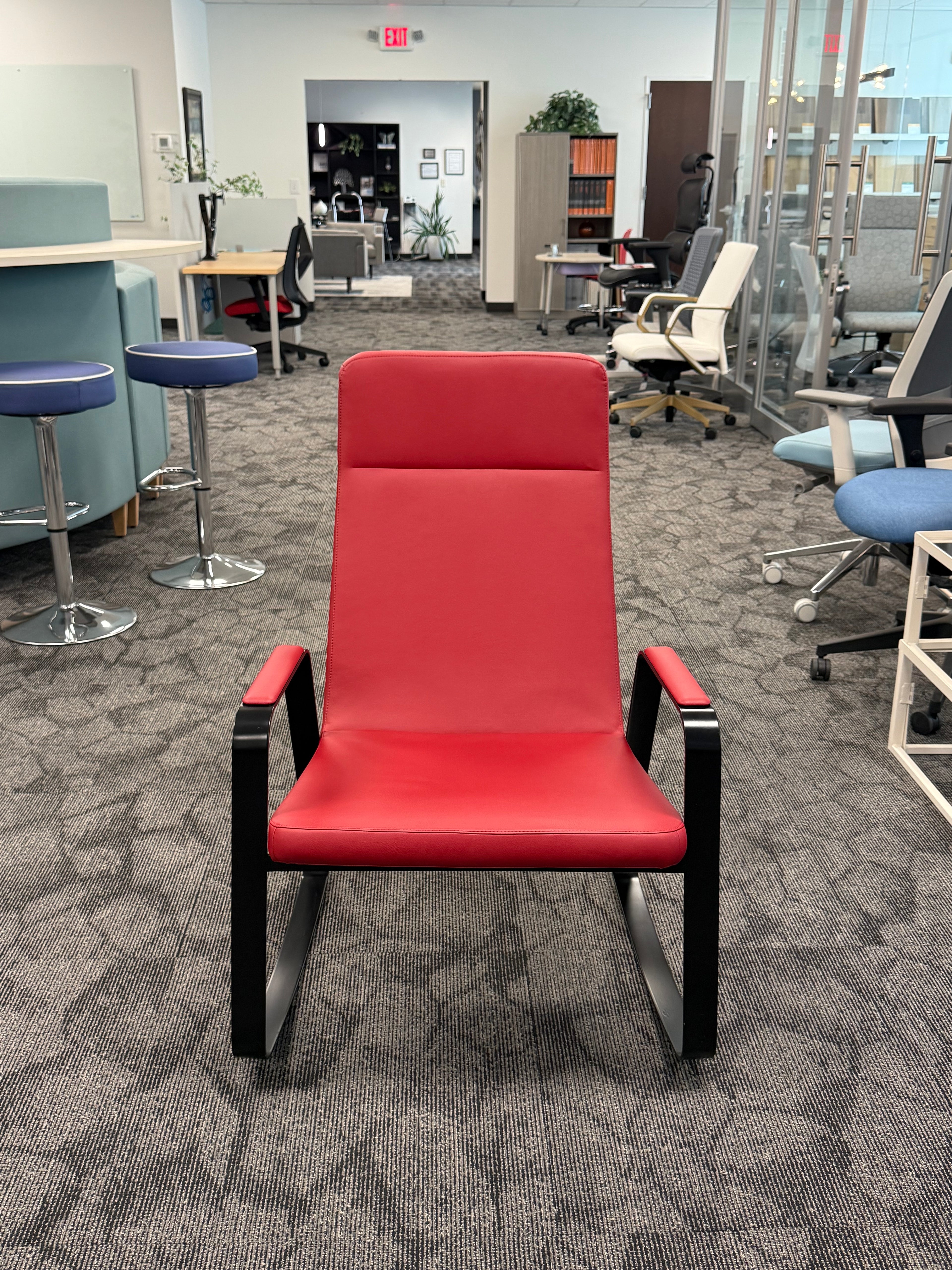 H Crest HB Red vinyl Rocking Chair and black metal base and arms