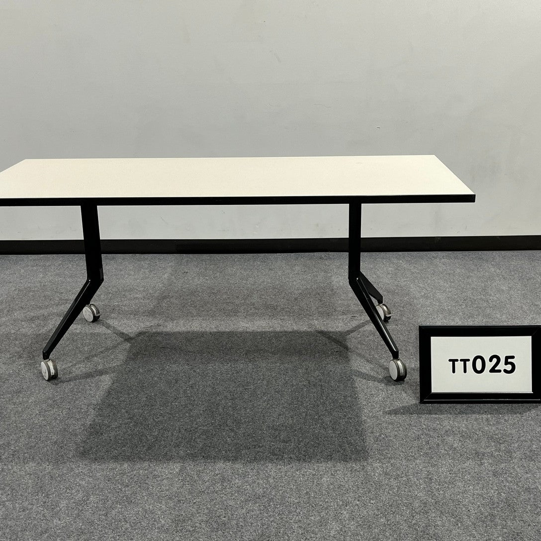 White laminate Training Table with black legs and casters. 72" x 30" x 30"