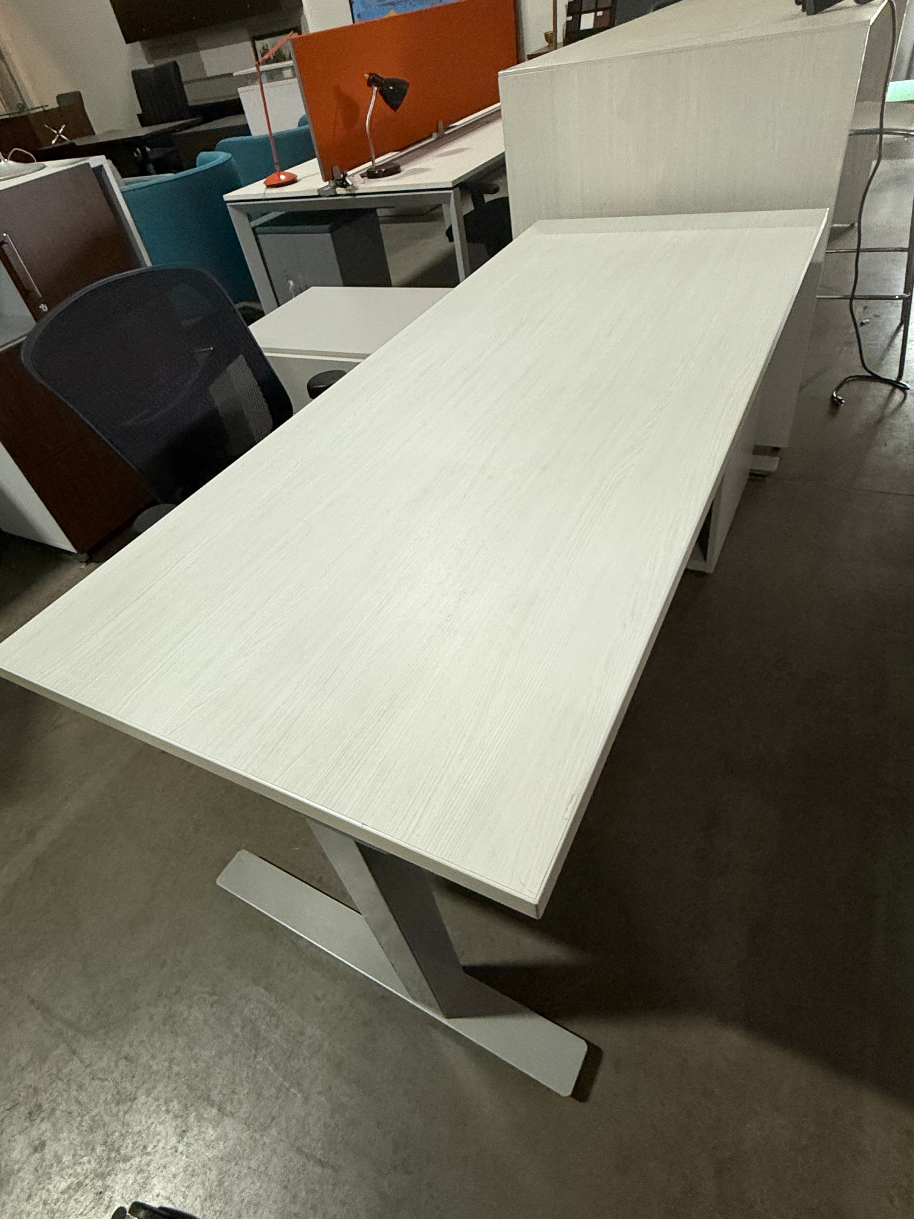 Knoll height adjustable desk white top 6' x 30" with low credenza. 5' x 24" with BF and open shelf