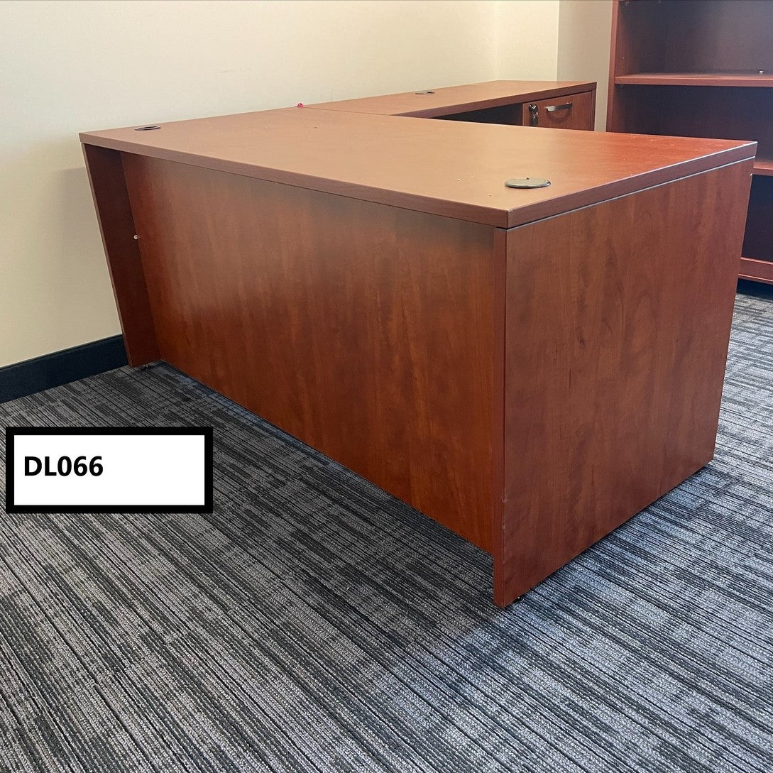 Cherry laminate desk 66" x 30" with Left return 42" x 20"  and 2 hanging box/file pedestals