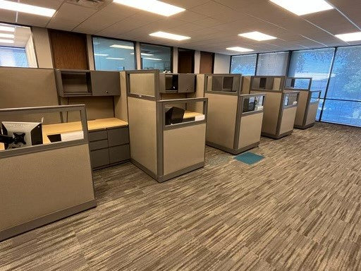 Haworth Unigroup High low 64" /50" Charcoal fabric 6'x5' L shaped work surface 1-BBF 1-OH with task
