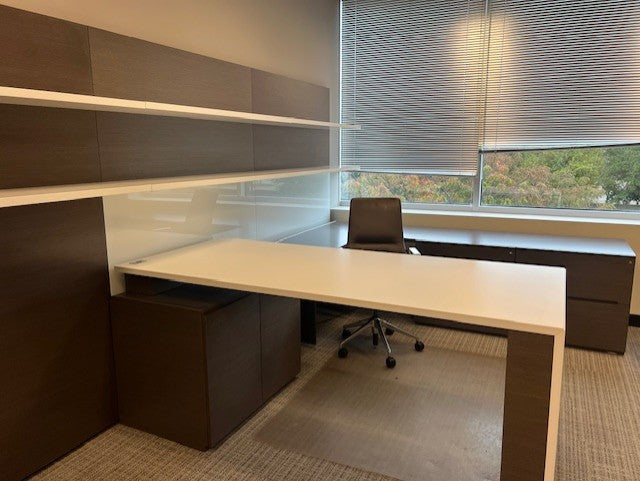OFS U shaped Height adjustable desk with wall mounted shelf and glass board