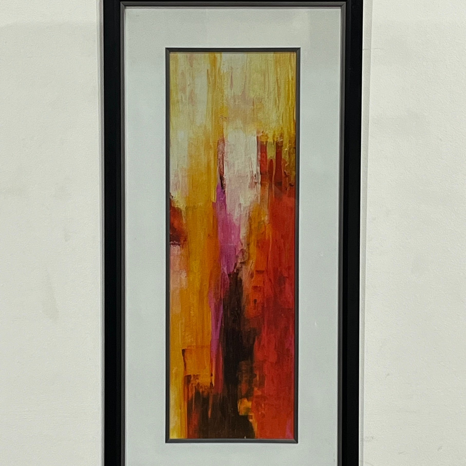 23" x 48" abstract art red, yellow multi color, black frame (sold individually)