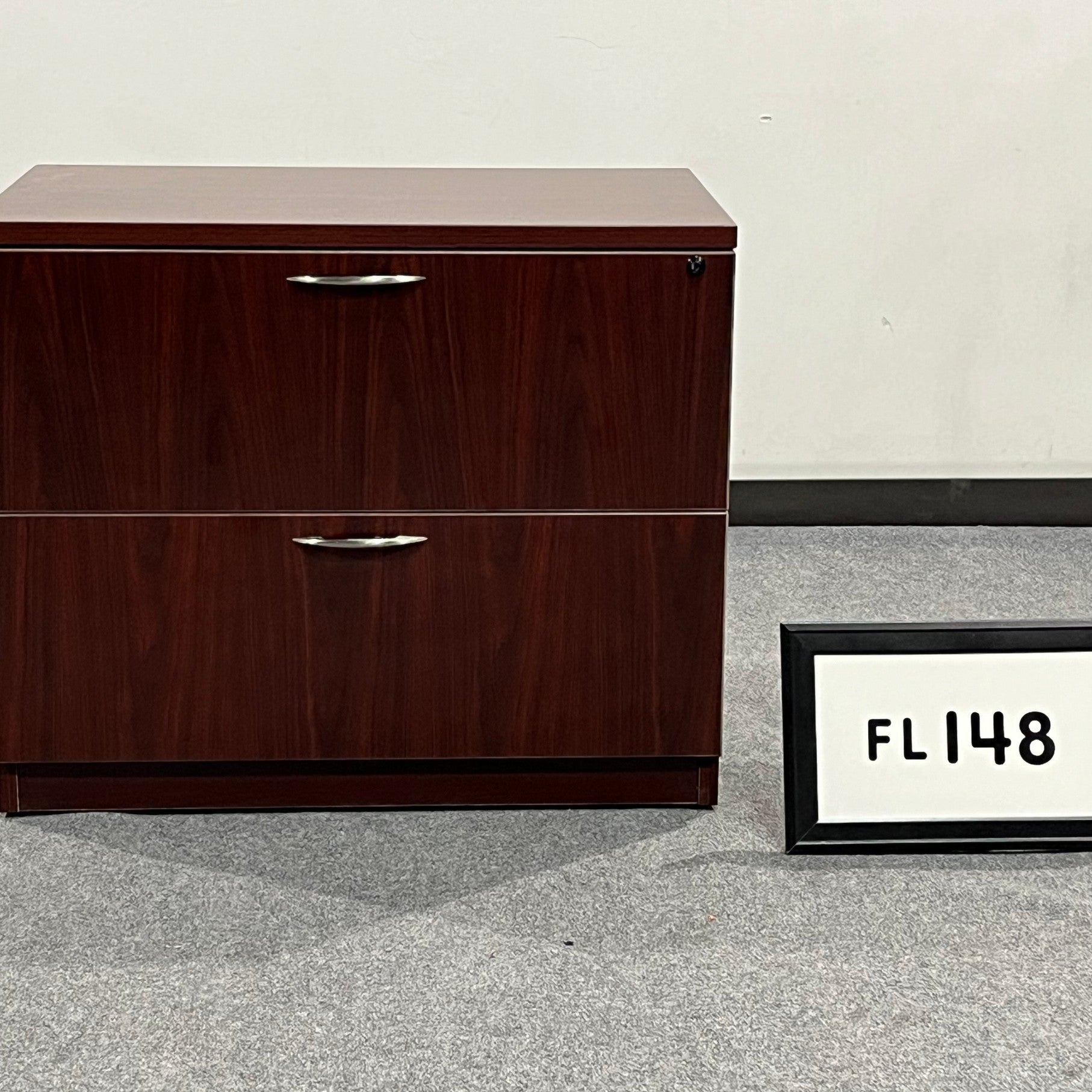 Friant Lateral File Mahogany Laminate w/ 2 drawers and silver handles. 36"W x 22.5D x 29"H