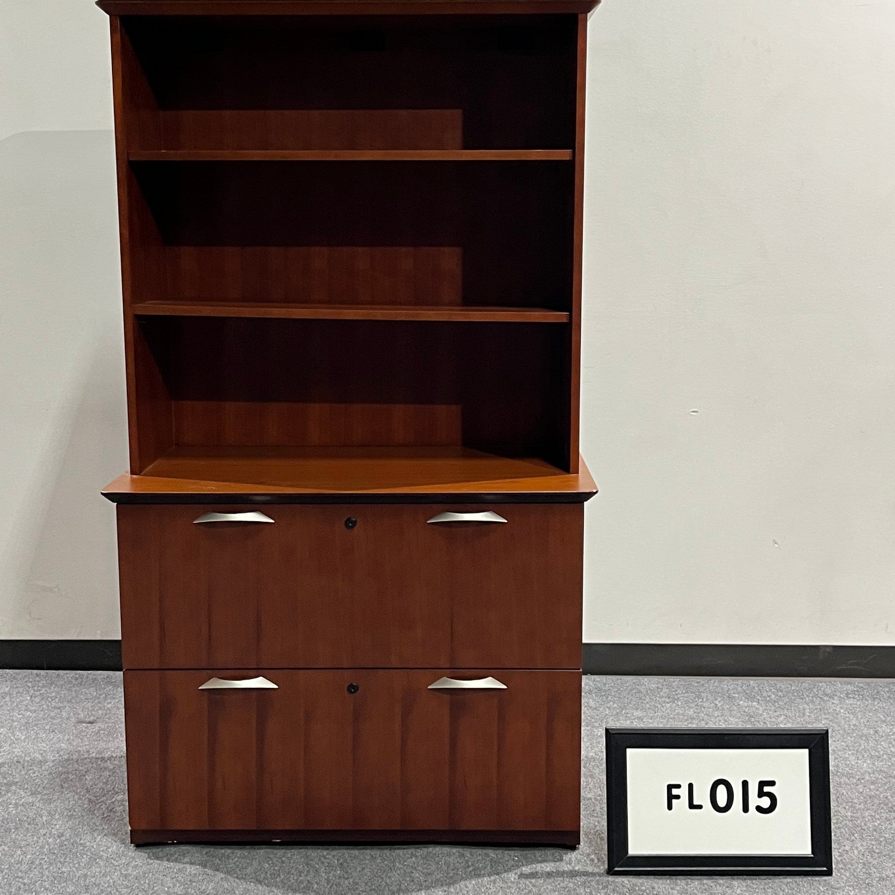NATIONAL Lateral File and Hutch Cherry (knife edges)  w/2 drawers 38" x 65" x 22" (1-OK  / 2-Damages