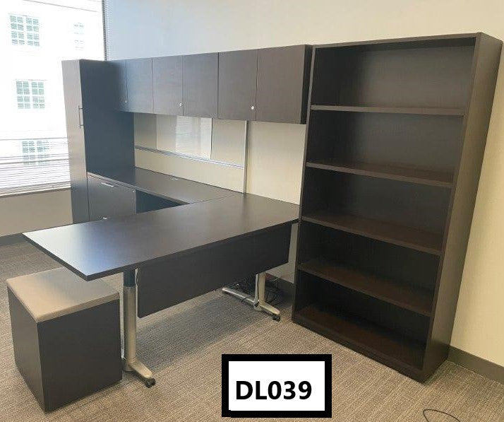 OFS L-shaped Desk- laminate  height adjustable desk 72" x 30" return, mobile ped, over head & tack