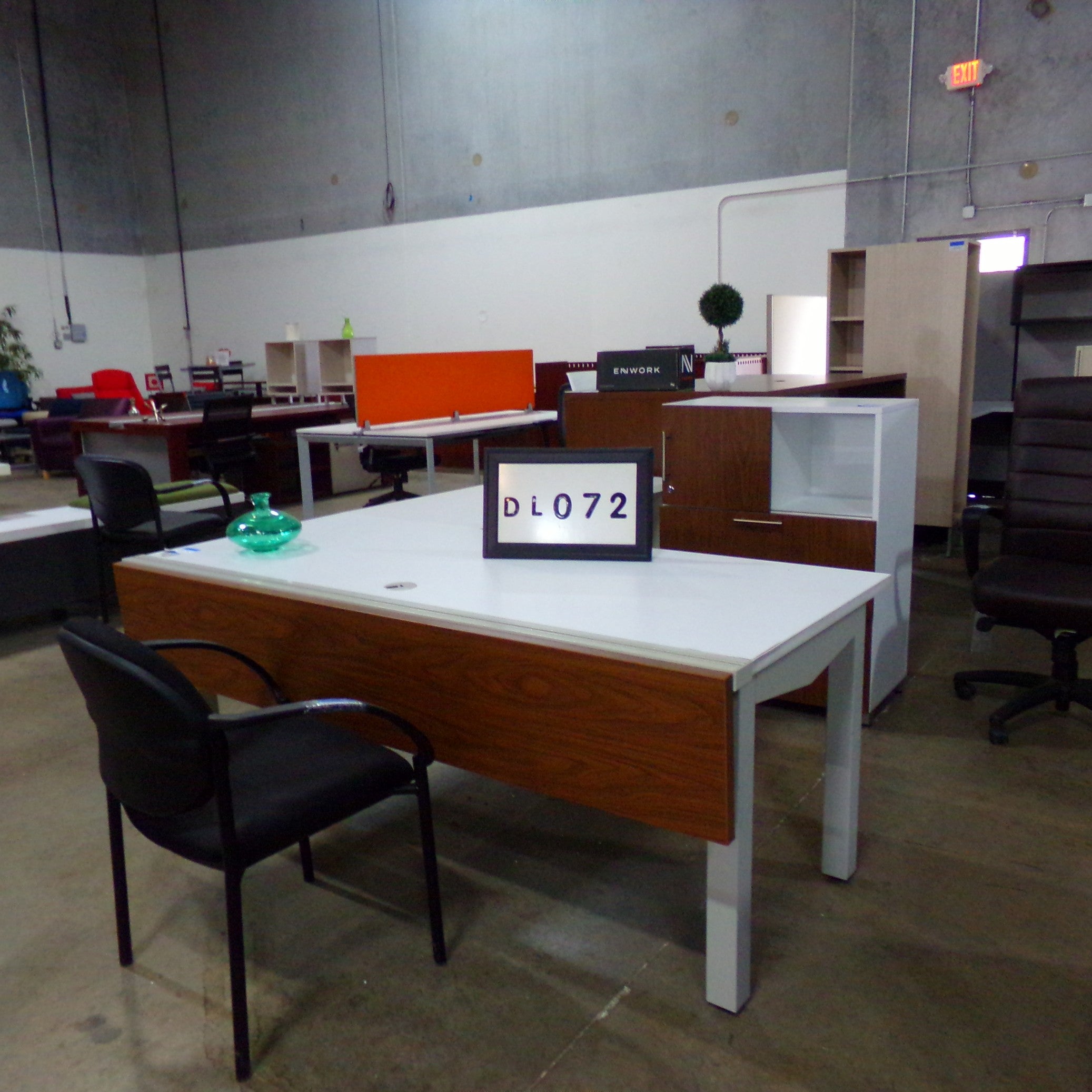L-shaped Desk (Right Hand) White laminate top Modern walnut modesty panel. Desk 72" x 30" Return 48"
