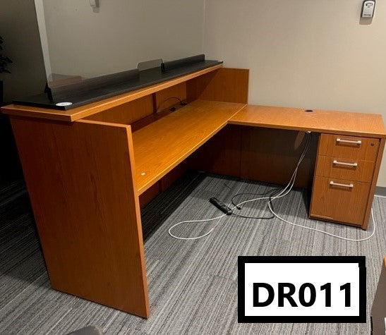 National Reception Desk Cherry laminate. Desk-74" x 42" x 24" / Return w/BBF -42" x 21" / TT-74" x 1