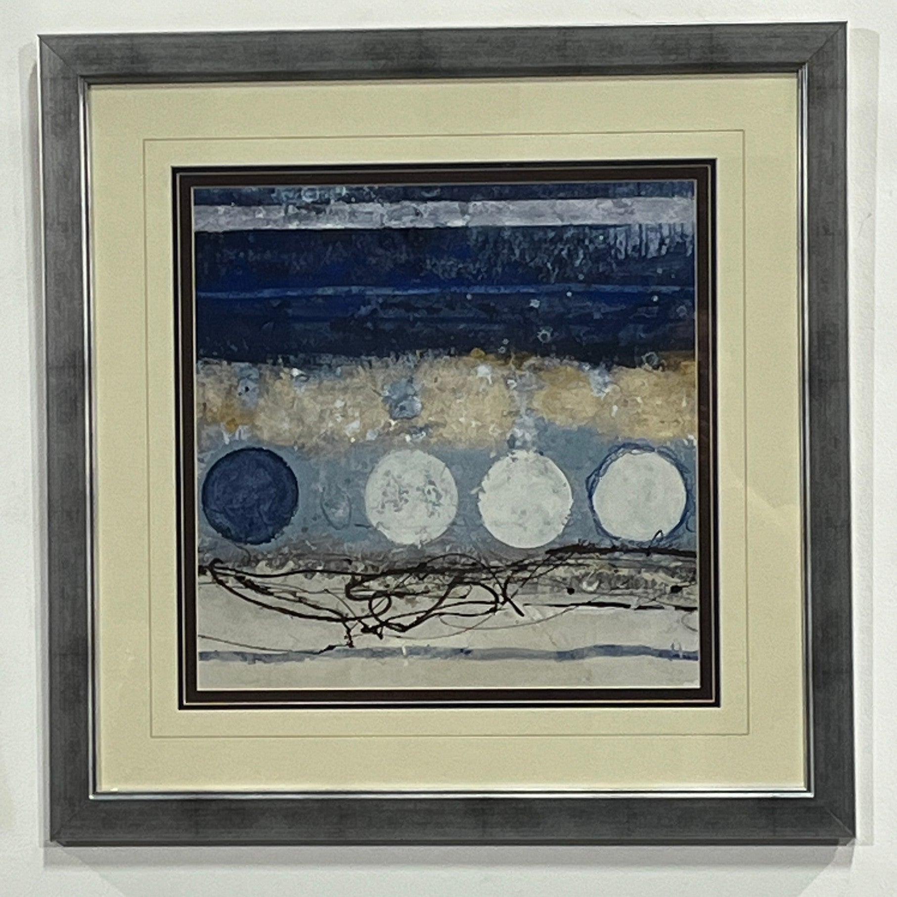 29" x 29" abstract art with blue tones with silver frame (sold individually)
