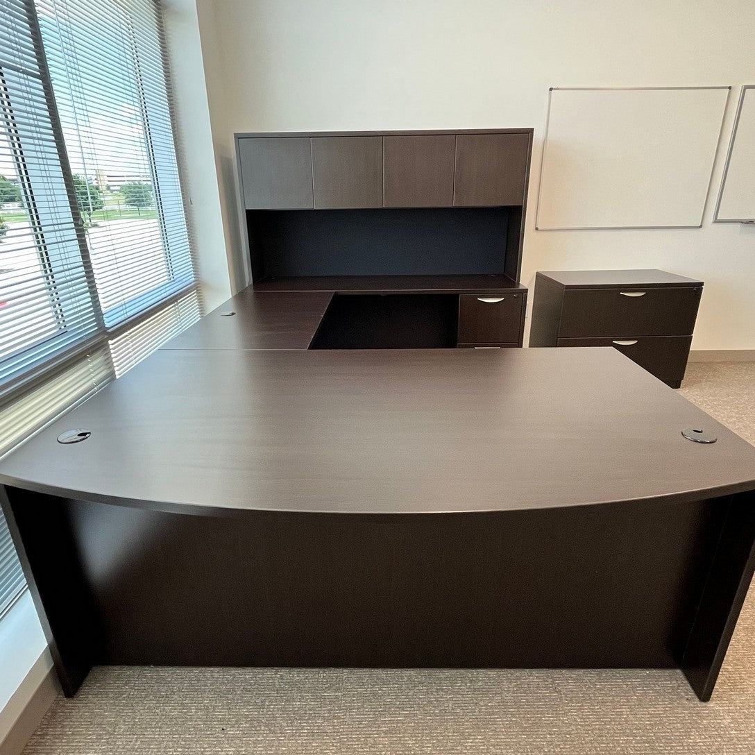 Espresso Bow U shaped desk 71" x 36", 48" bridge, 71" credenza & hutch Right return with BBF & FF