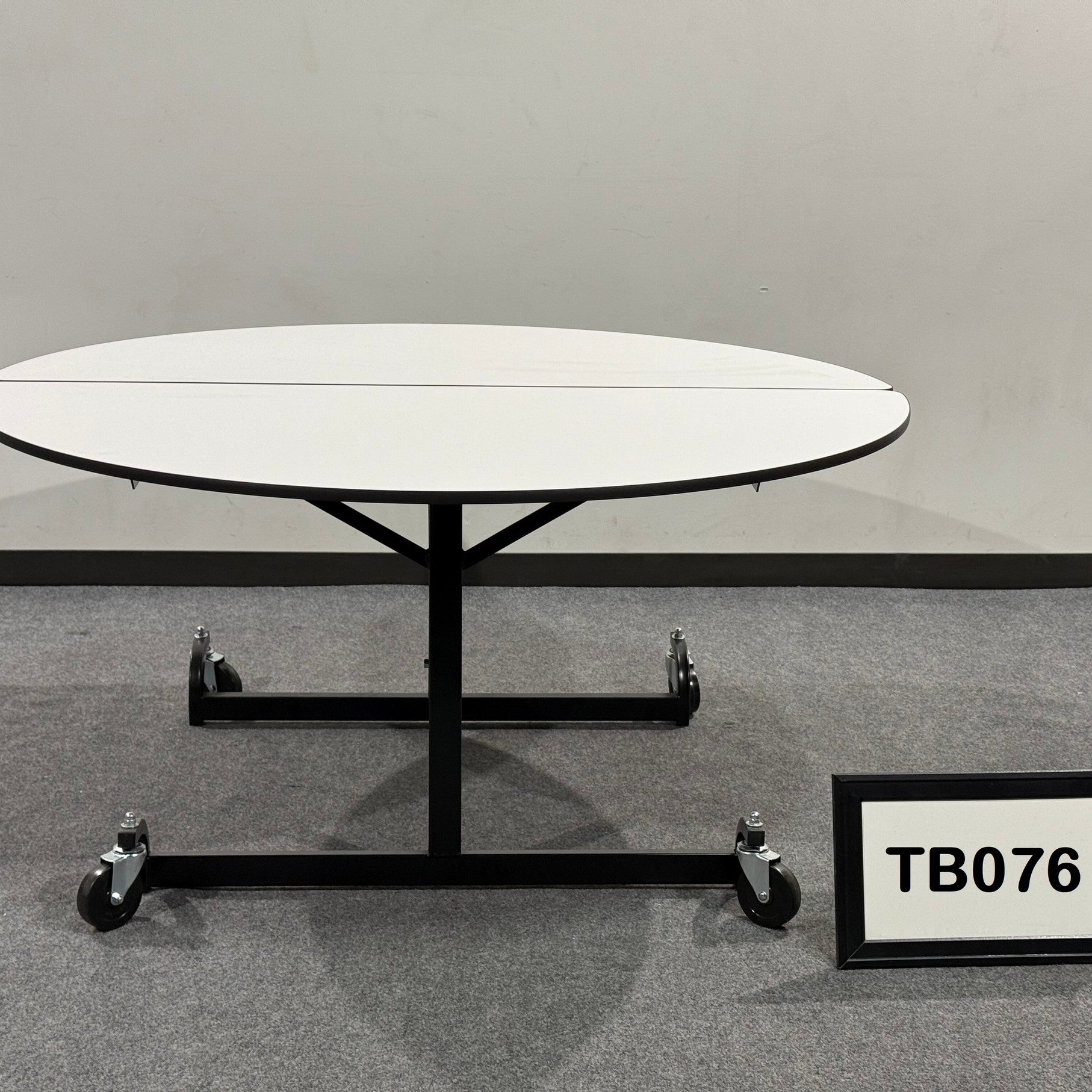 New White 5' Round laminate breakroom table folding with casters