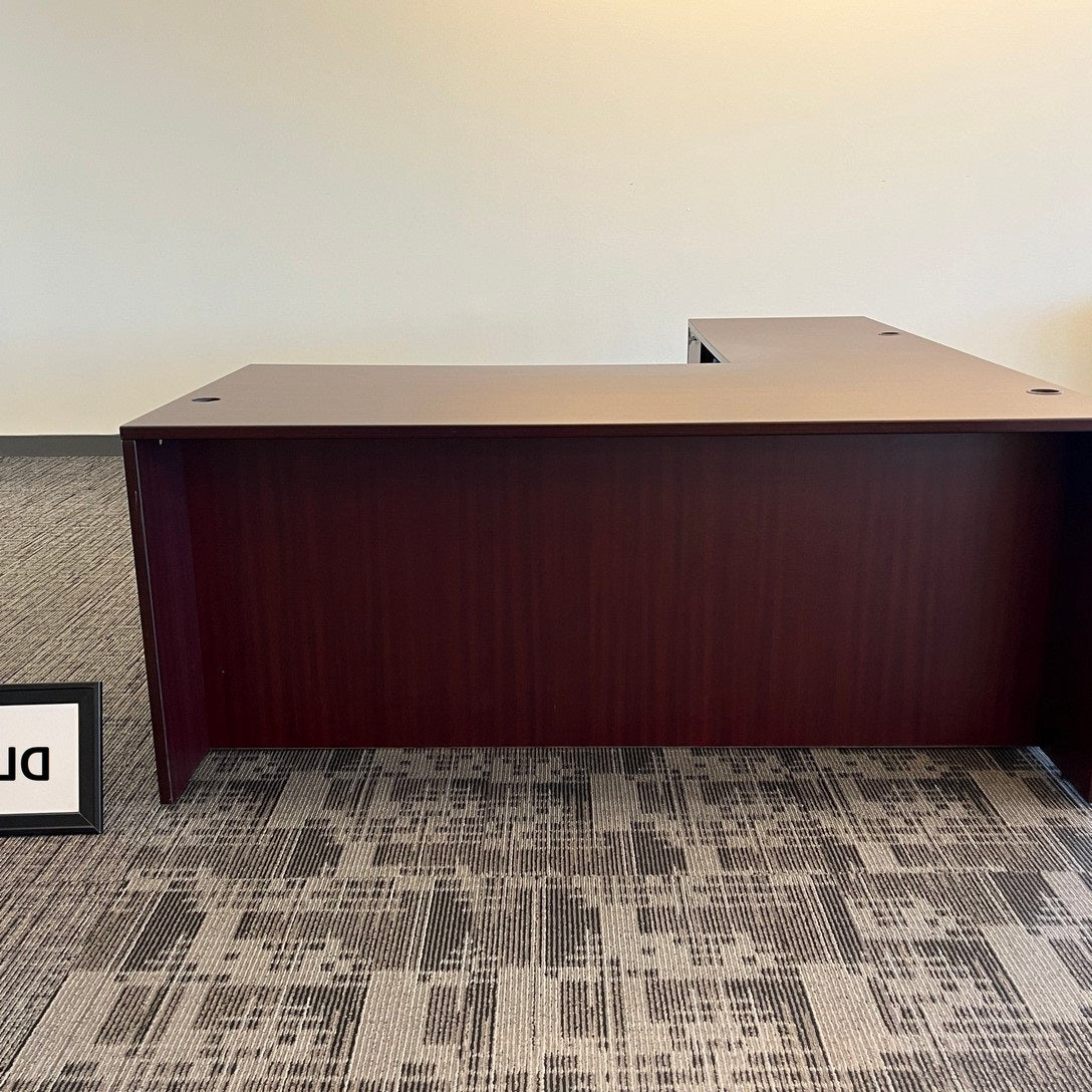 L-Shape Desk Mahogany Laminate (Left Hand) w/ BBF & FF  Peds and Black handles  Desk-72" x 36" / Ret