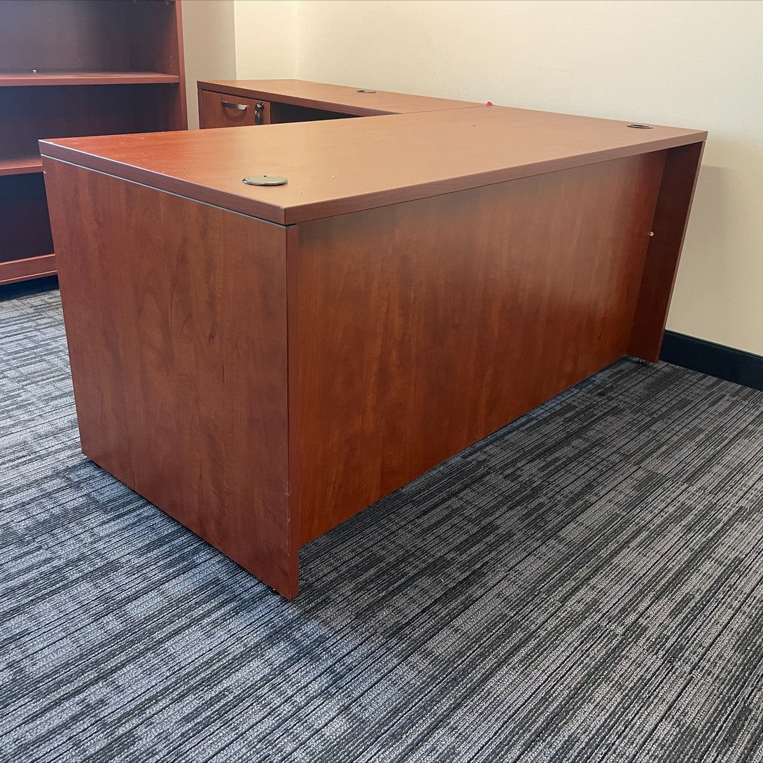 Cherry laminate desk 66" x 30" with Right return 42" x 20"  and 2 hanging box/file pedestals