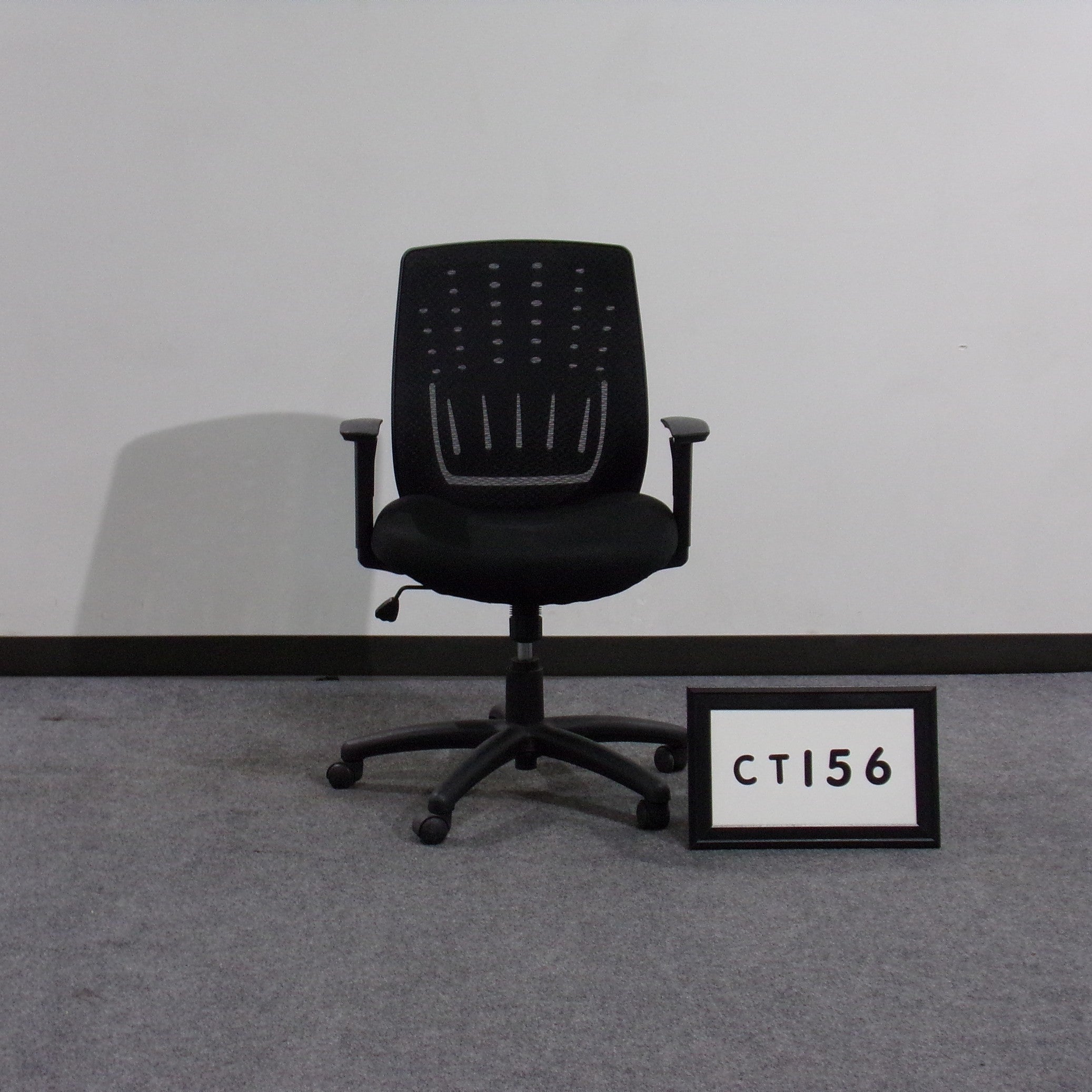Task chair Black mesh back Black fabric seat Height adjustable Tilt lock Adjustable arms
