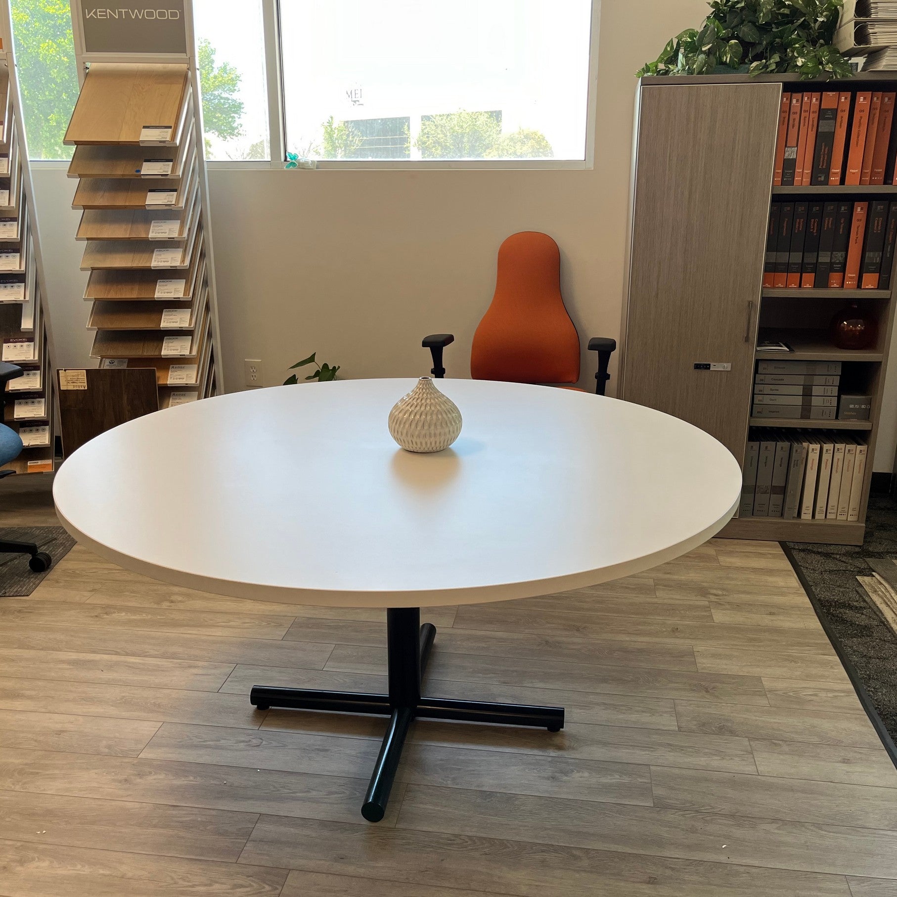 60" White laminate meeting table with black metal base