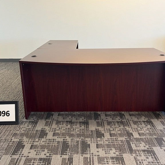 L-Shape Bowfront Desk Mahogany Laminate (Right Hand)  w/ BBF & FF Peds. Desk-72" x 42" / Return-48"