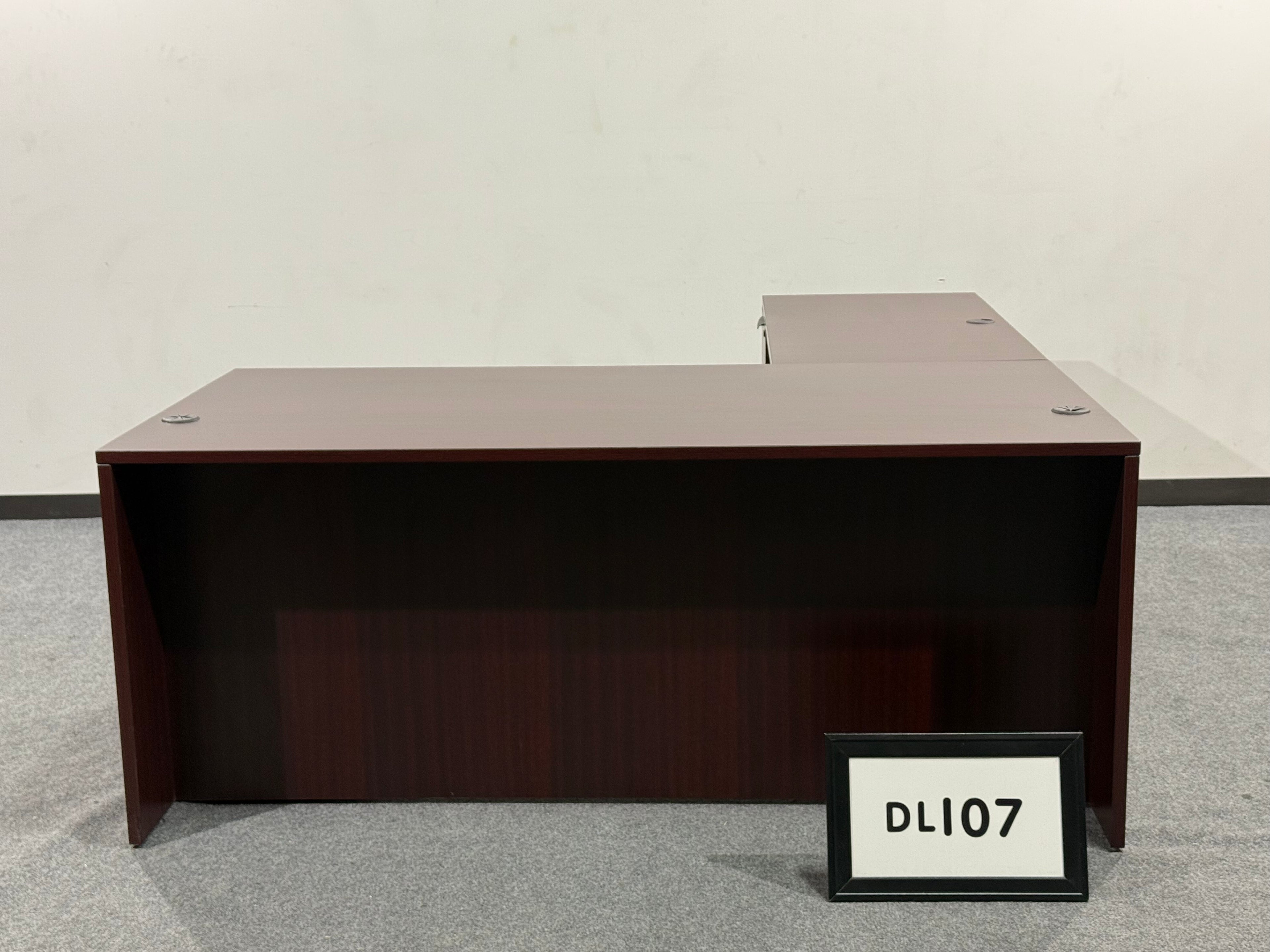 Mahogany laminate L shaped desk with 2 BBF 72" x 84"