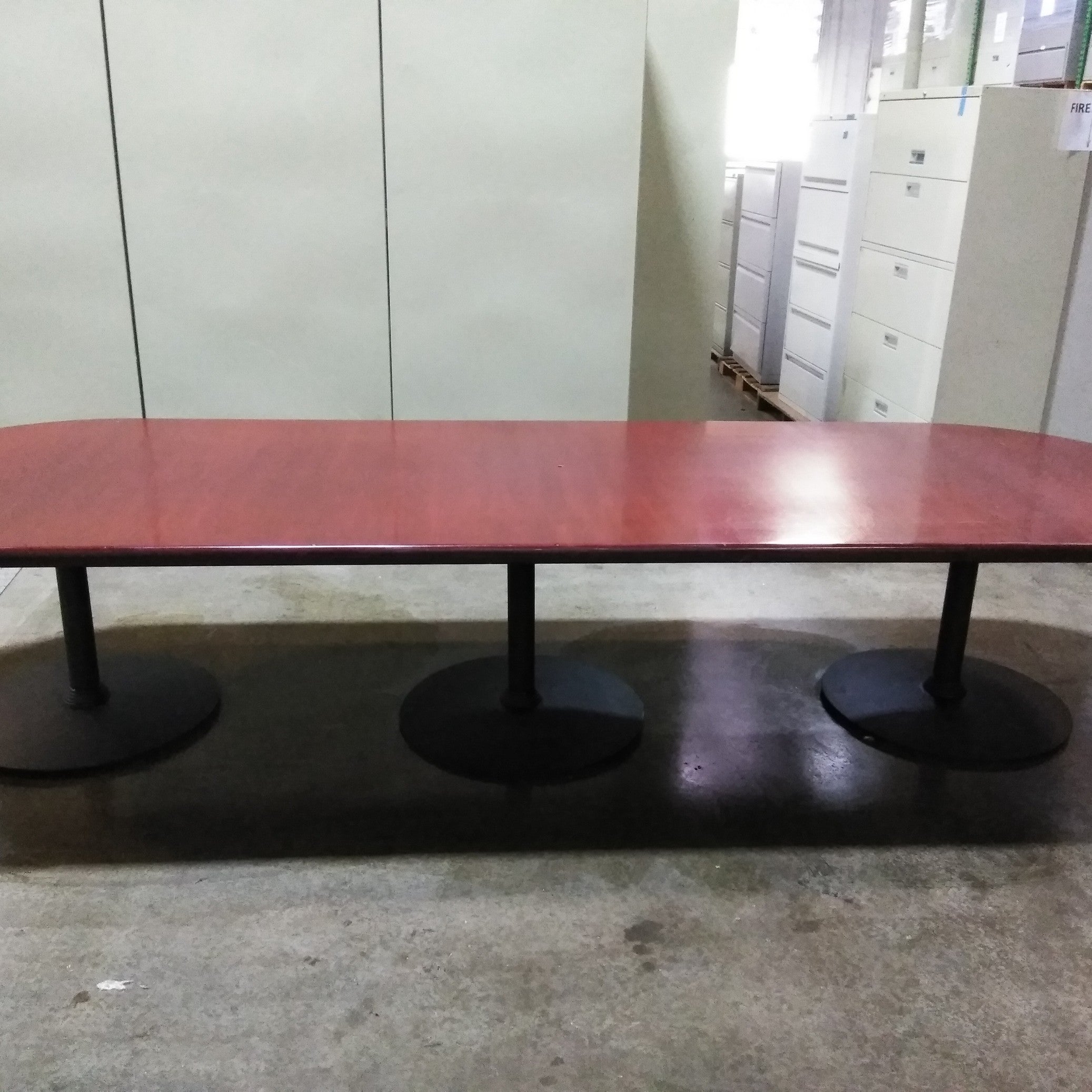 Cherry wood conference table 12'x4' 3 disc bases
