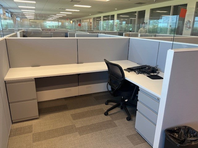 64" tall Haworth Compose 8' x 6' with glass at the top, L shaped work surface, BBF & FF power (7x7)