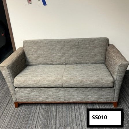 Grey 2-cushion fabric sofa with cherry wood base/legs