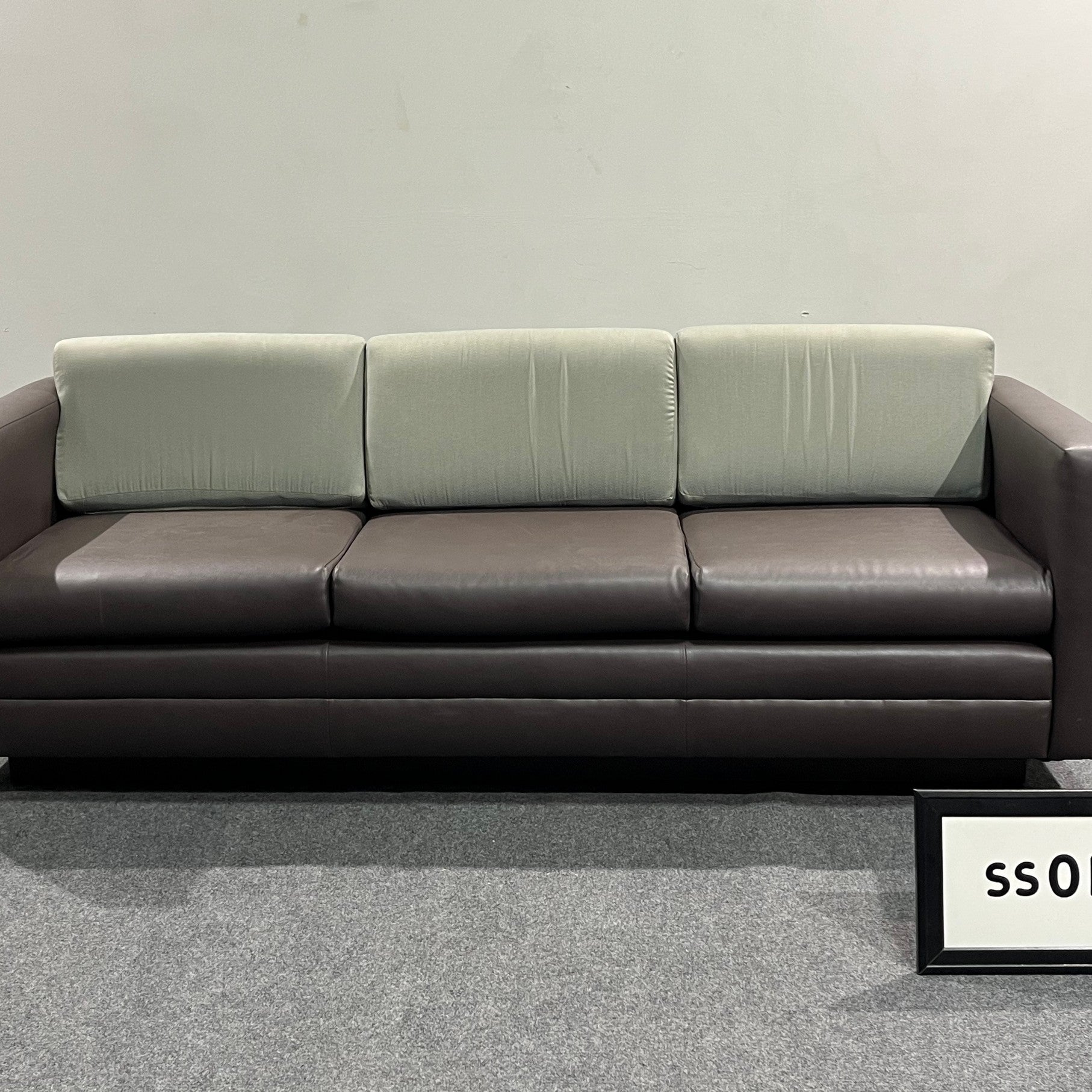 Gunlocke New Yorker Sofa Brown vinyl w/ beige back fabric cushions and wood frame base