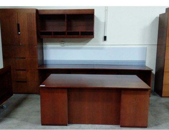 Decca Contract Desk Set Cherry w/task lights and tack board.  Desk w/BBF 72" x 41" /  2 Open Credenz