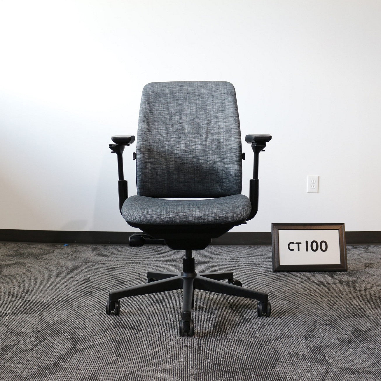 Steelcase Amia task chair in upgraded blue fabric. Seat slider, back tile, front tilt, lumbar