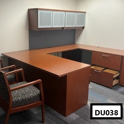 U-Shape Desk (Right Hand) Cherry Laminate w/ 2 drawers Lateral File, BBF Ped and OVERHEAD. Desk- 72"