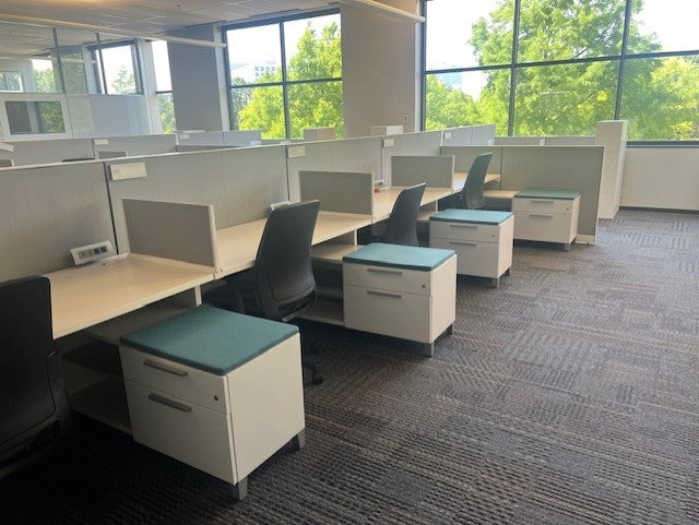Allsteel Benching 50"/42" grey fabric spine with screen between seats. open bookcase/bf credenza