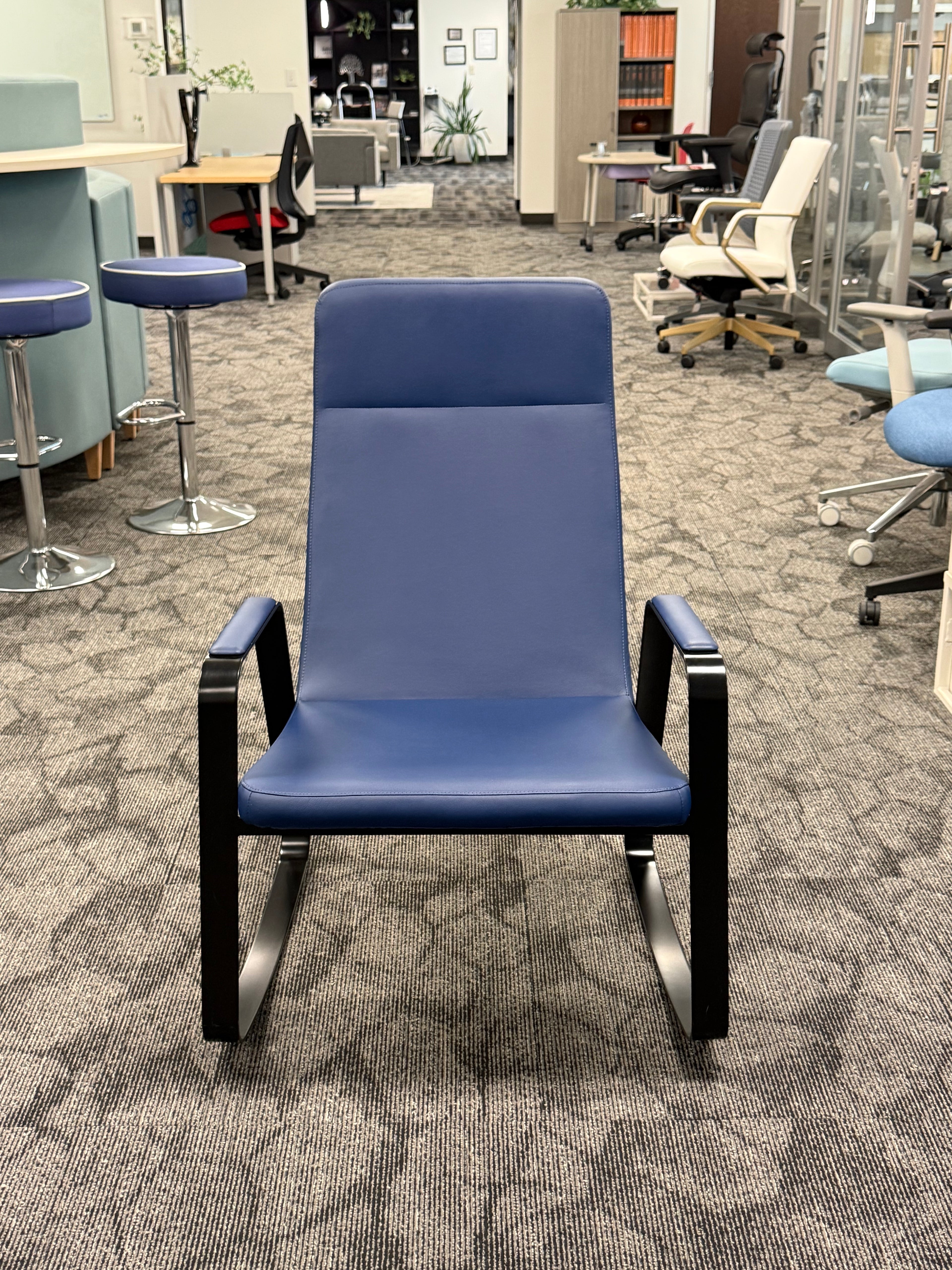 H Crest HB Blue vinyl Rocking Chair and black metal base and arms