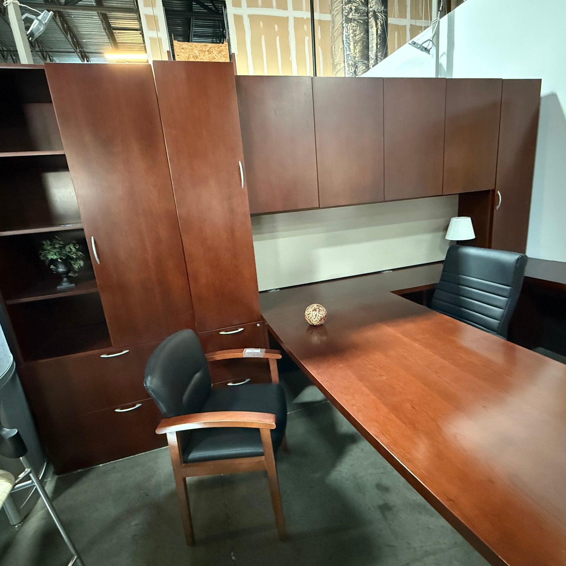 OFS D top desk credenza set. Cherry wood with hutch and storage cabinet wardrobe combo