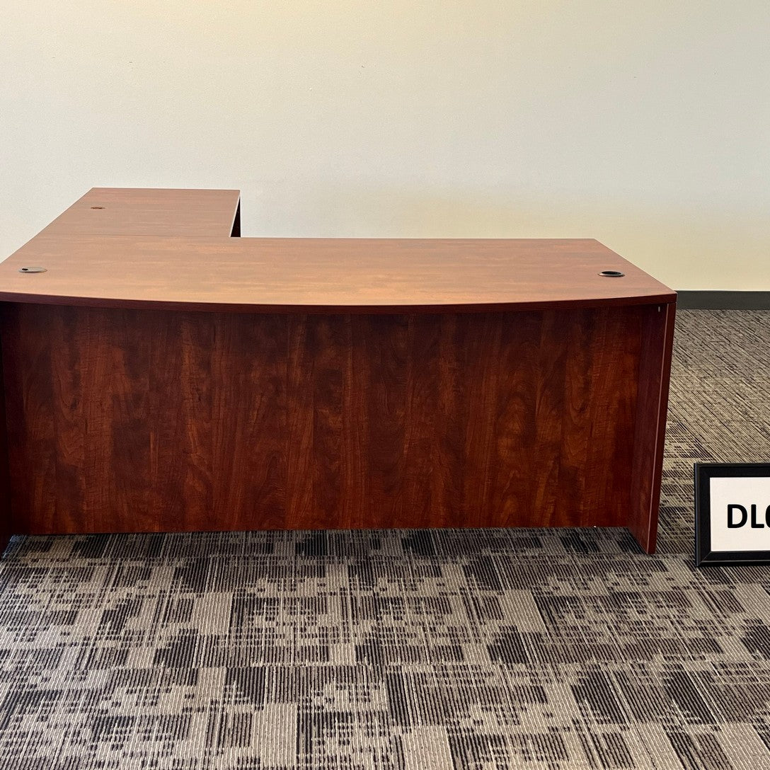 L-Shape Bowfront Desk Dark Cherry Laminate (Right Hand) w/ BBF & FF Peds. Desk-72" x 42" / Return-4