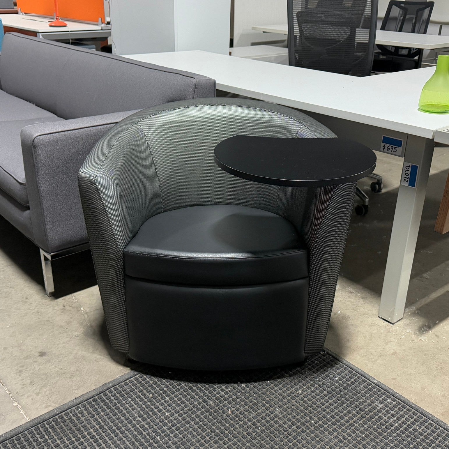 Global Sirena Club chair black leather seat/silver vinyl back with black tablet