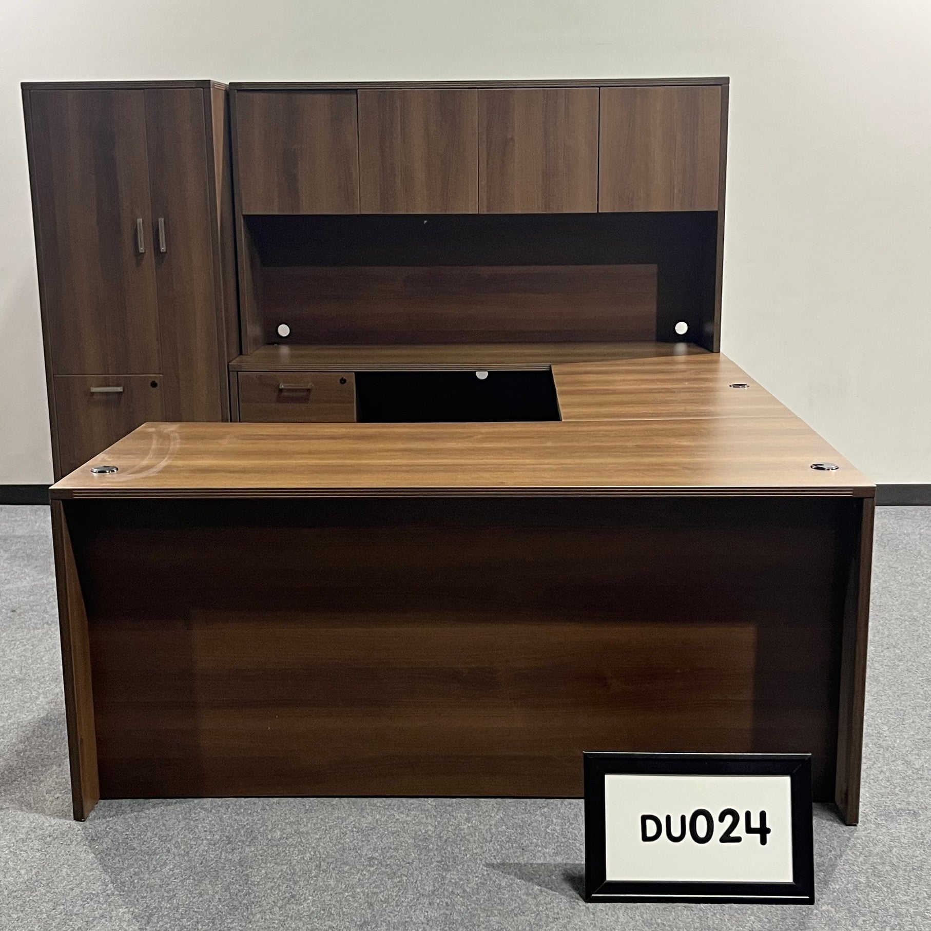 U-Shape Desk reeded edge Modern Walnut Laminate (Left Hand). Desk-72" x 30" w/BF  / Bridge-42" x 24