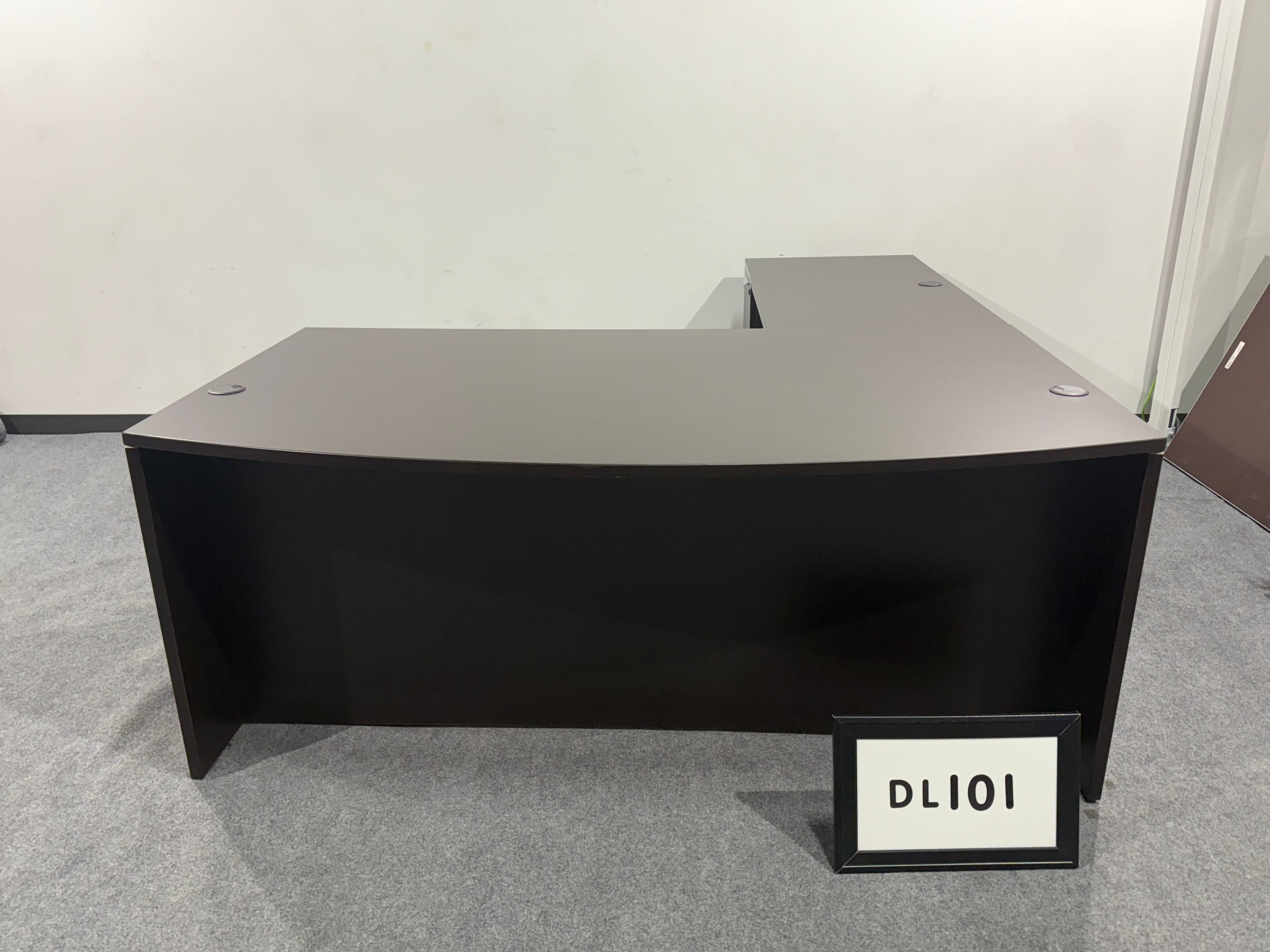 L -Shaped Bow front Desk Espresso Laminate (Reversible Hand). Desk w/BBF-72" x 42" / Return w/FF-48"