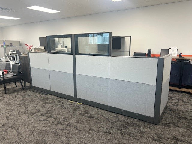 Genesis Cubicles 67" -53" high/low with with L shaped work surface BBF, FF Closed overhead, power