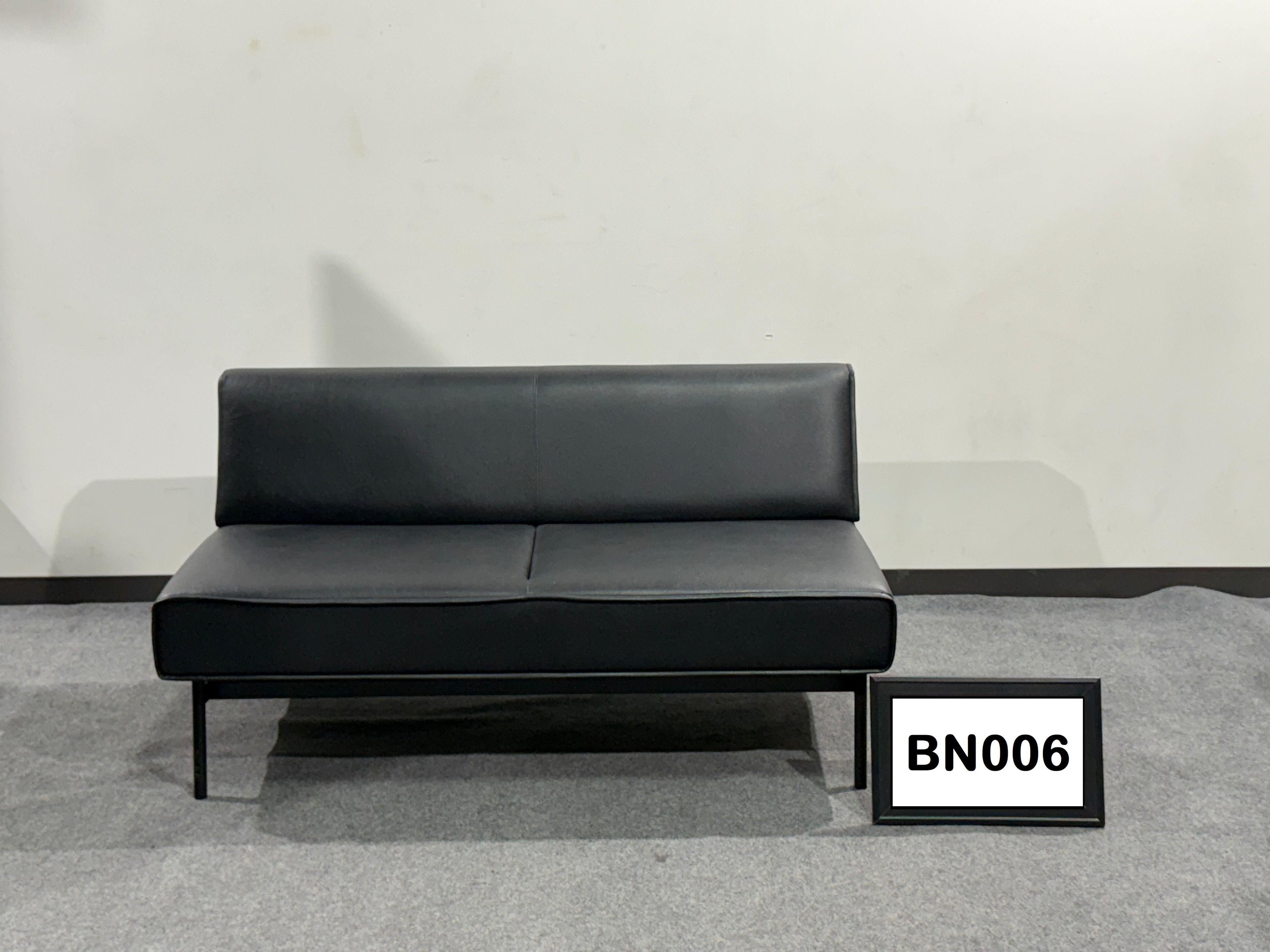 68" Black leather bench with metal frame legs