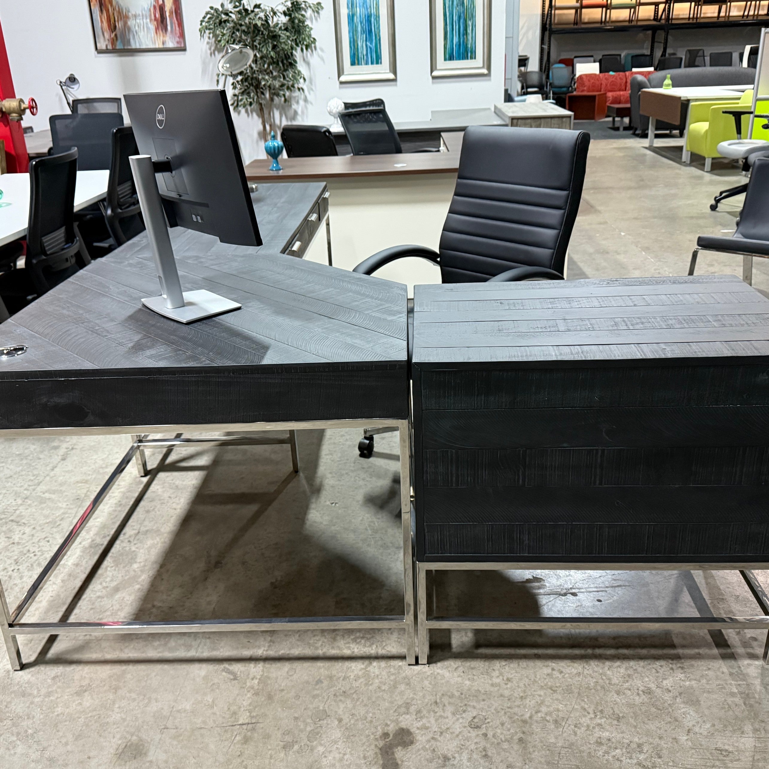 Bernhardt Black wood desk Right return 72" x 98" with 4 drawers and a 2 drawer lateral chrome handle
