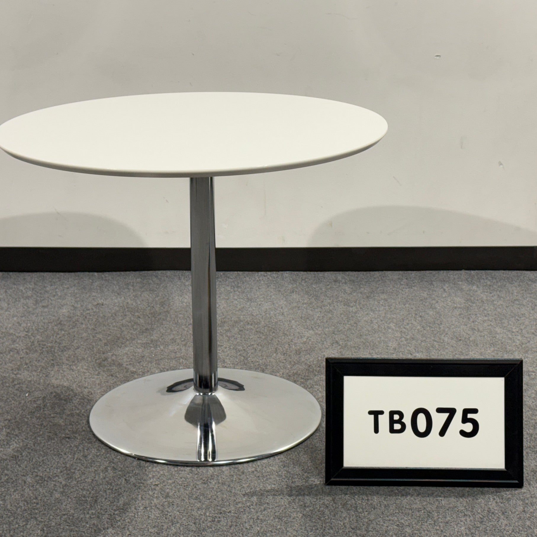 White laminate 36" breakroom Table with chrome trumpet base