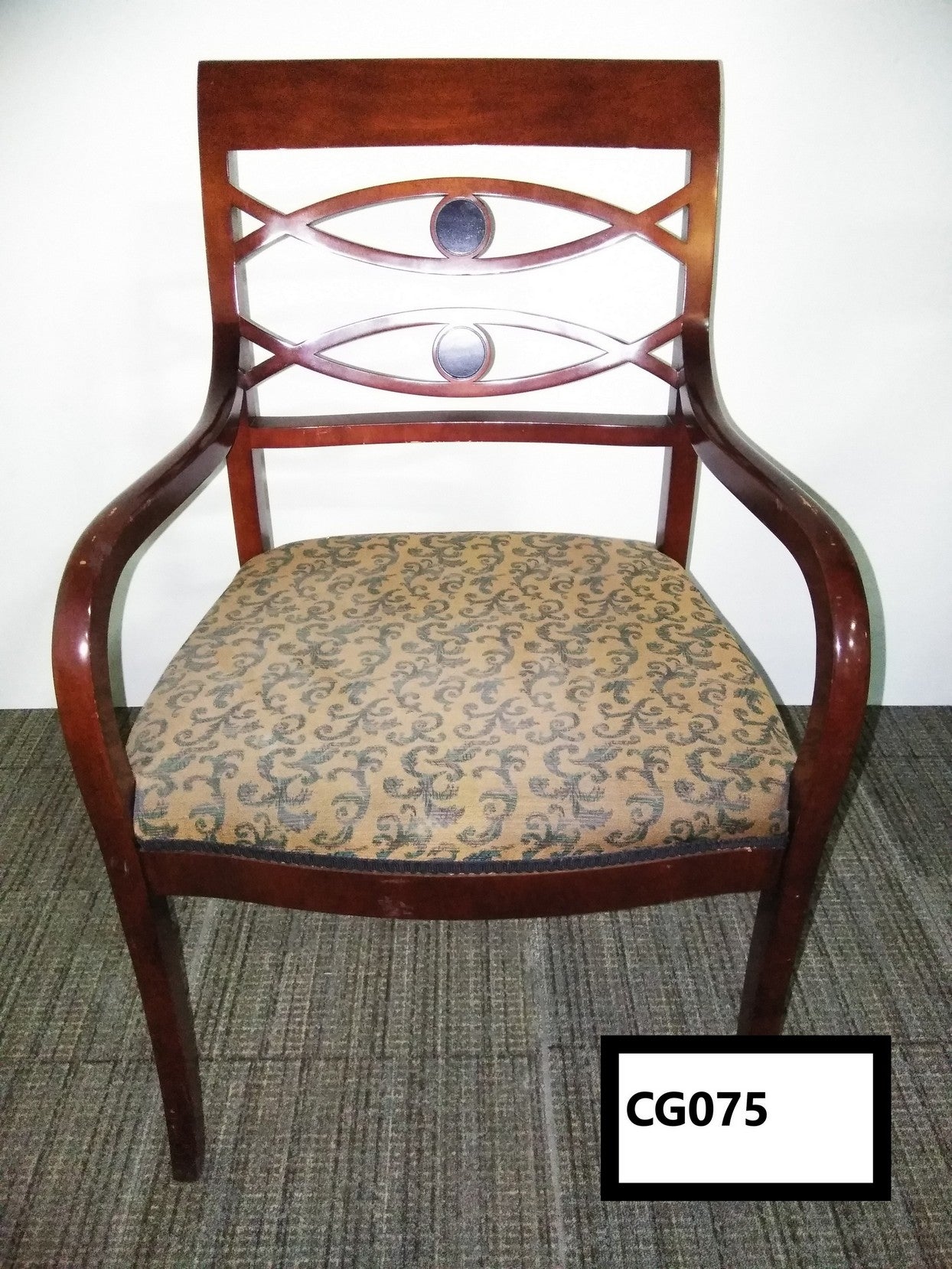 Kimball cherry wood guest chair, patterned fabric seat