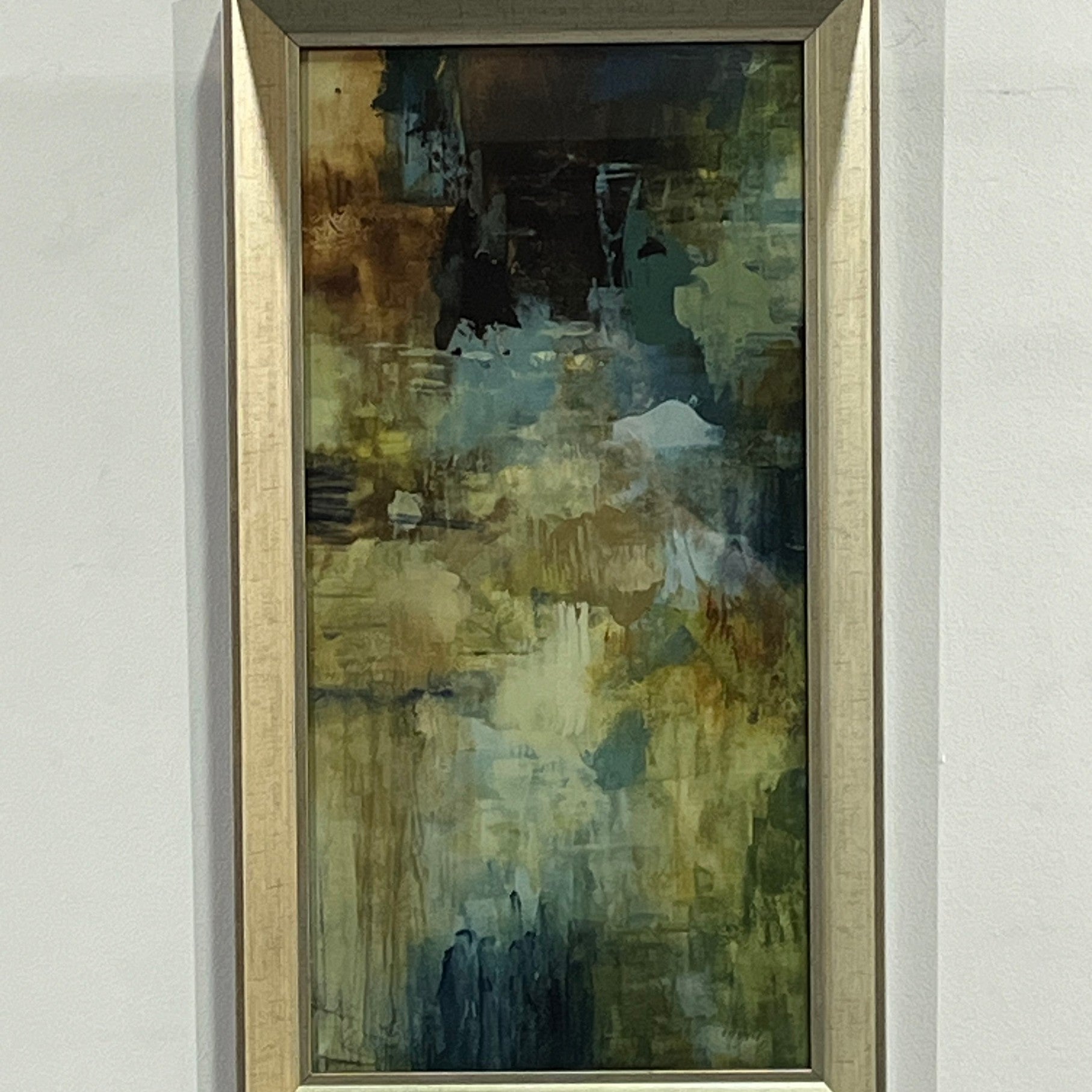 17" x 30" abstract art blue and brown tones with silver frame (sold individually)