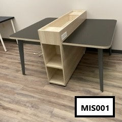 Double sided desk with partition, storage shelving