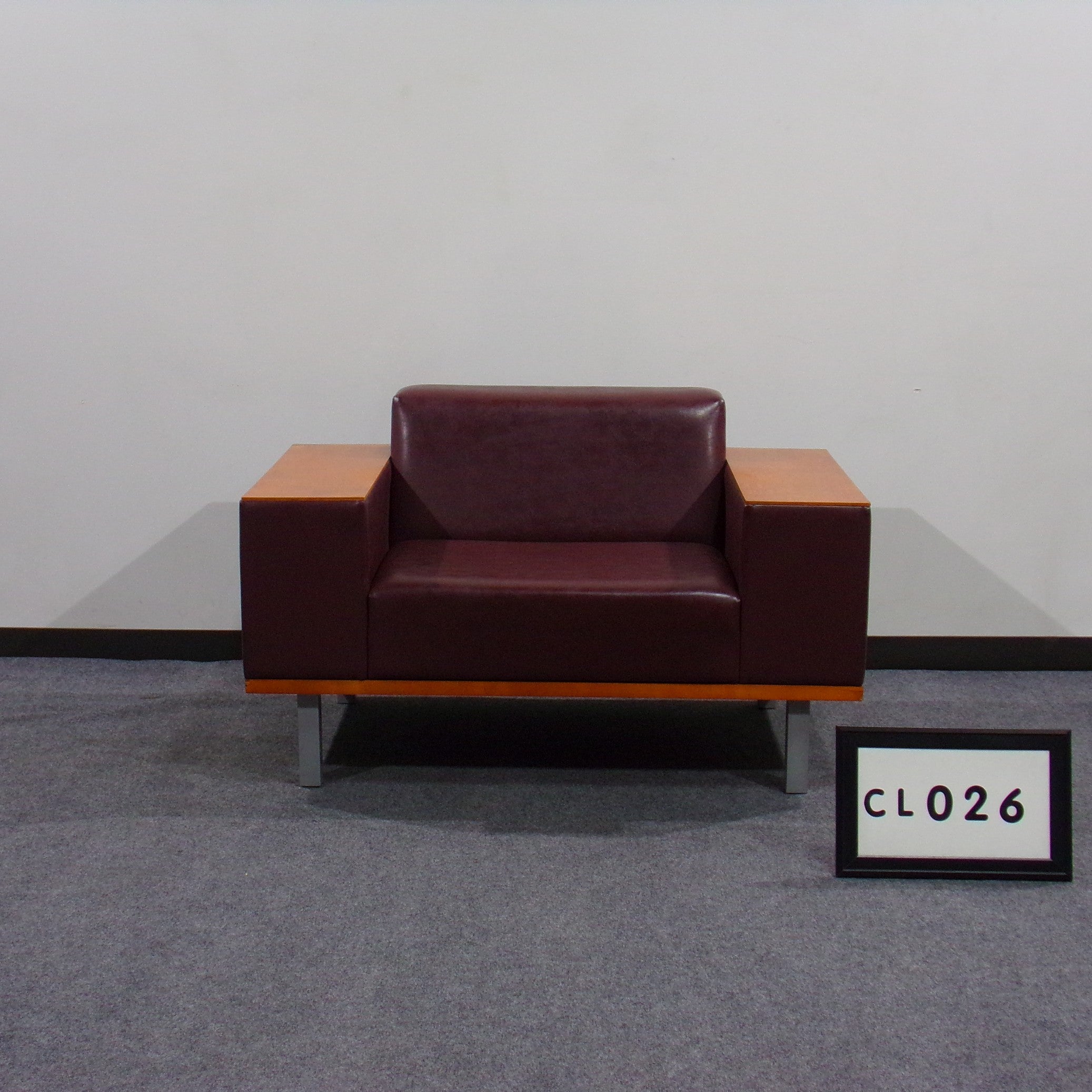 JSI Connect Series Lounge Chair Burgundy Leather/Cherry  wood arms & base Silver legs