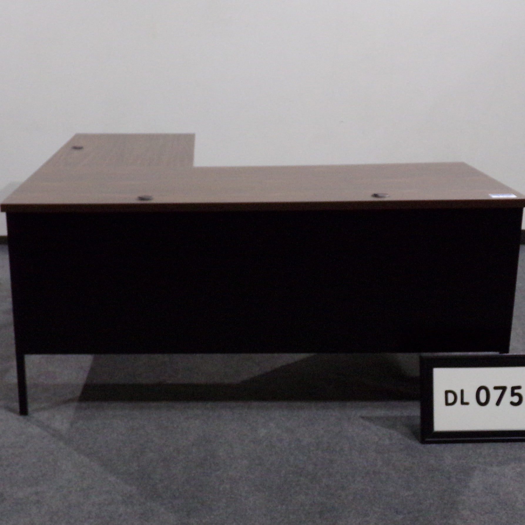 L-Shape Desk (Right Hand) Modern Walnut Laminate Top and Black metal base w/ pencil drawer BF in Des